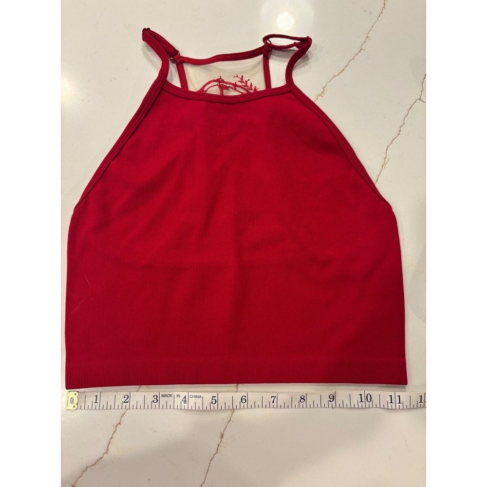 Red Ribbed High Neck Bralette Mesh Peace Dreamcatcher Back‎ Festival Crop Top - Picture 2 of 5